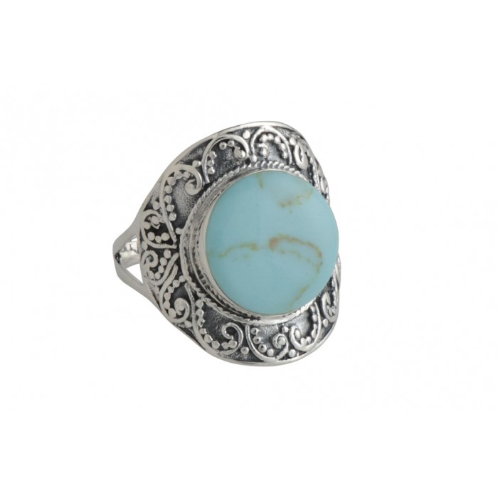 Bague argent pierre/gravé turquoise+résine époxy