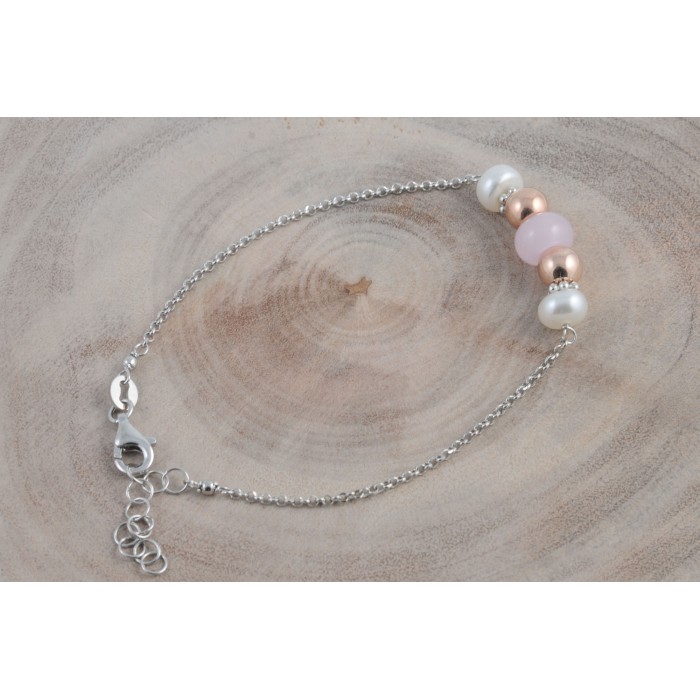 Bracelet argent pierre/rhodie 2billes rose+2perles