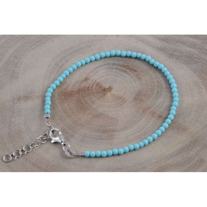 Bracelet argent pierre/turquoise véritable 2mm/rhodié