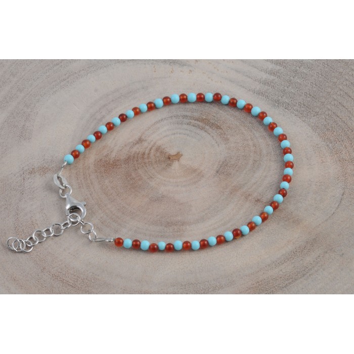Bracelet argent pierre/turquoise+cornaline véritable 2mm/rhodié