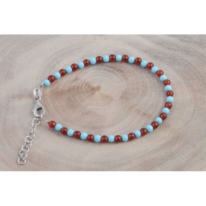 Bracelet argent pierre/turquoise+cornaline véritable 3mm/rhodié