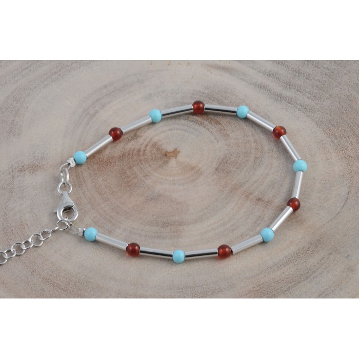 Bracelet argent pierre/turquoise+cornaline véritable tube/rhodié