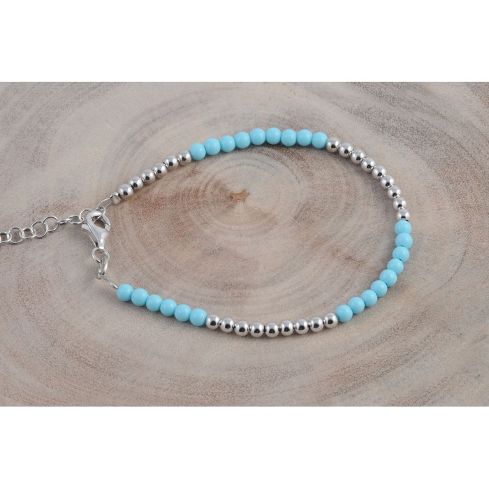 Bracelet argent pierre/turquoise véritable+bille/rhodié