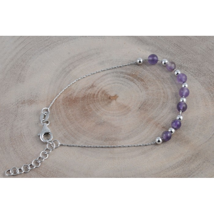 Bracelet argent pierre/améthyste+bille/rhodié