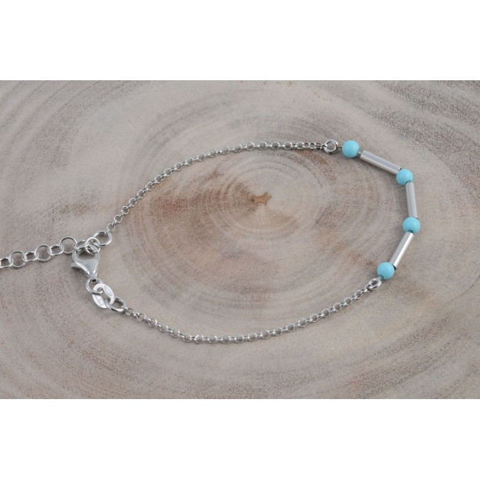 Bracelet argent pierre/turquoise véritable tube/rhodié