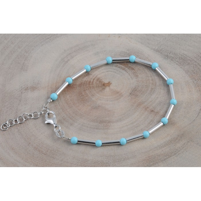 Bracelet argent pierre/turquoise véritable tube/rhodié