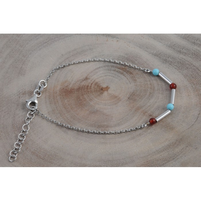 Bracelet argent pierre/turquoise+cornaline véritable tube/rhodié