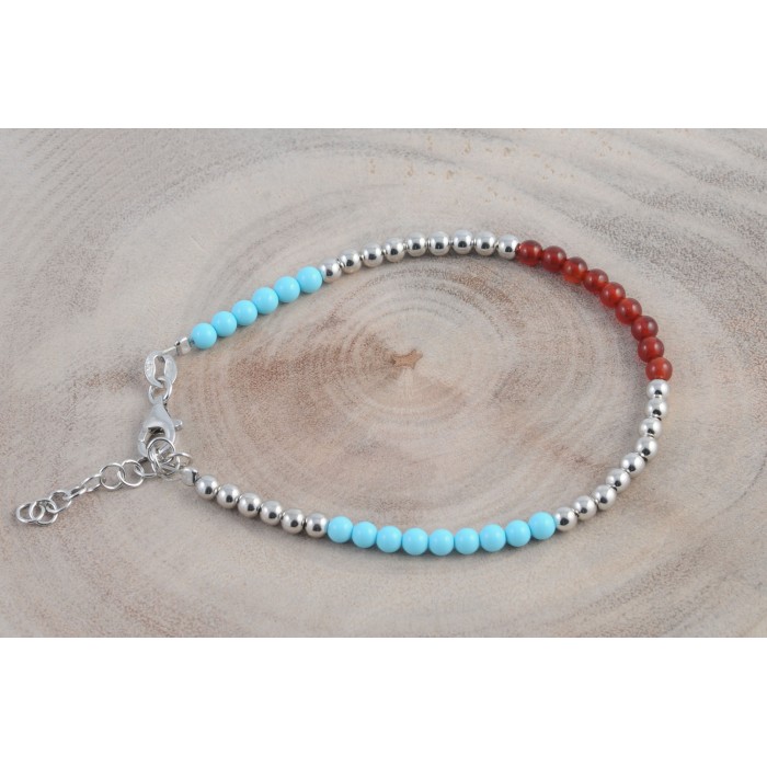 Bracelet argent pierre/turquoise+cornaline véritable/rhodié