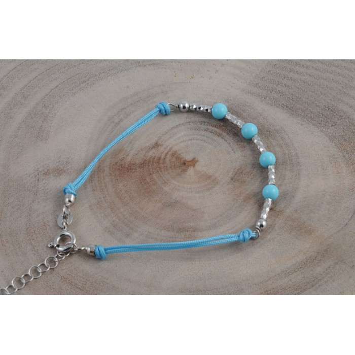 Bracelet argent pierre/turquoise véritable tube+corde/rhodié