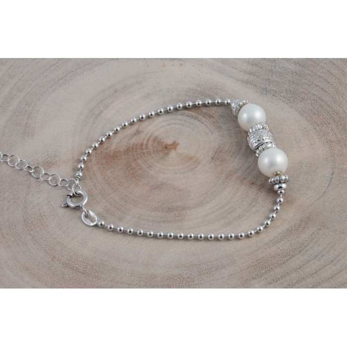 Bracelet argent/perle de rivière+pastille/rhodié