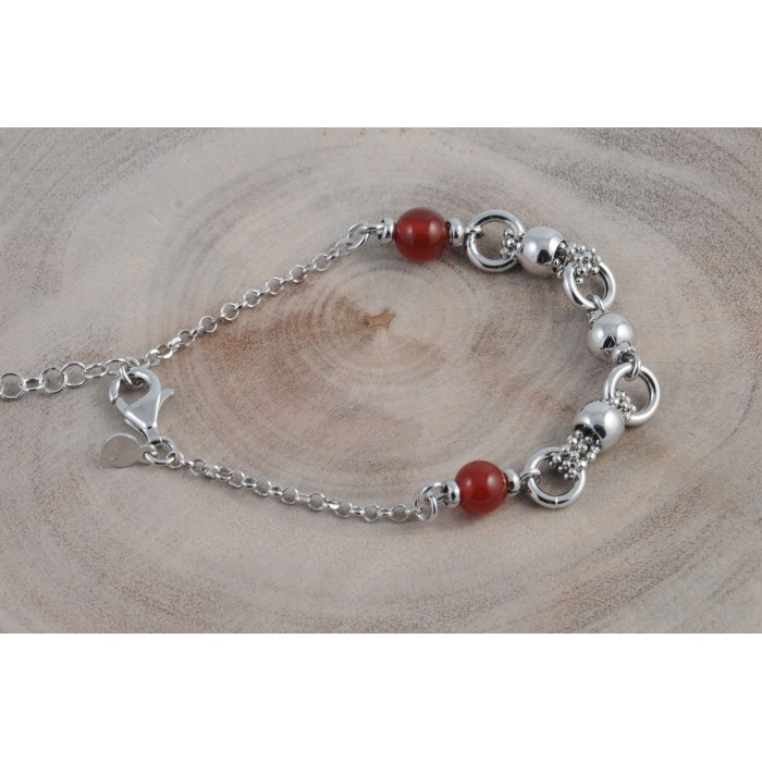 Bracelet argent pierre/cornaline véritable+bille/rhodié