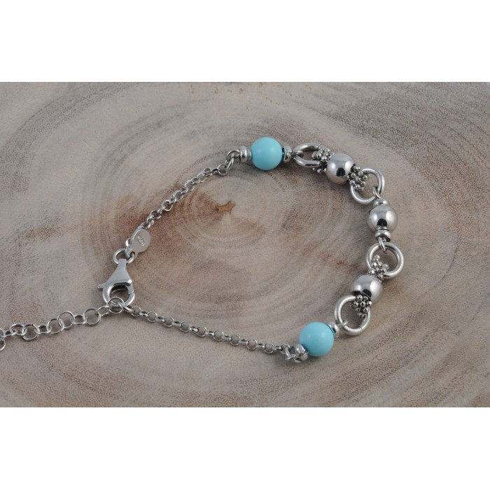 Bracelet argent pierre/turquoise véritable+bille/rhodié