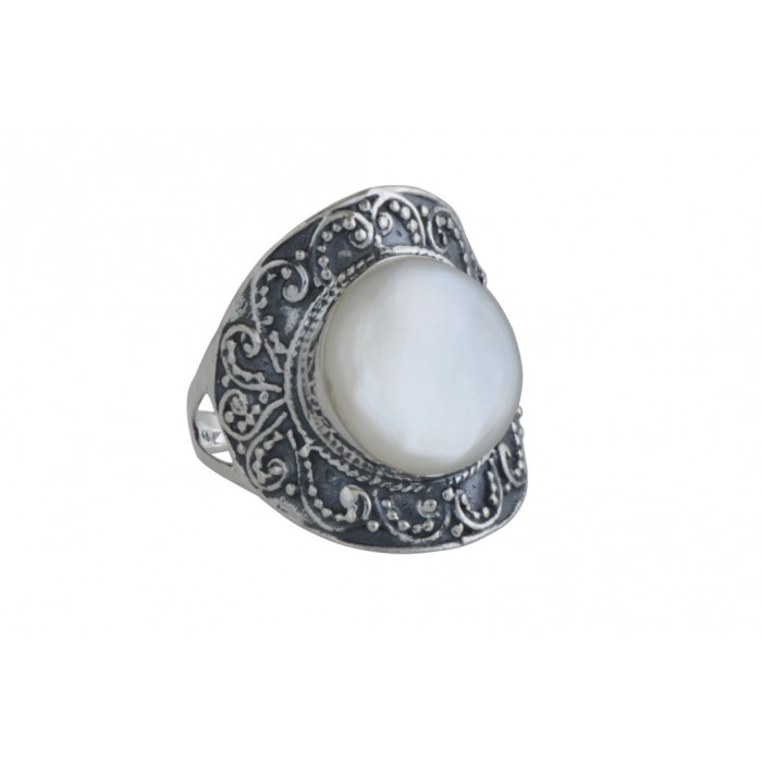 Bague argent pierre/gravé nacre+résine époxy