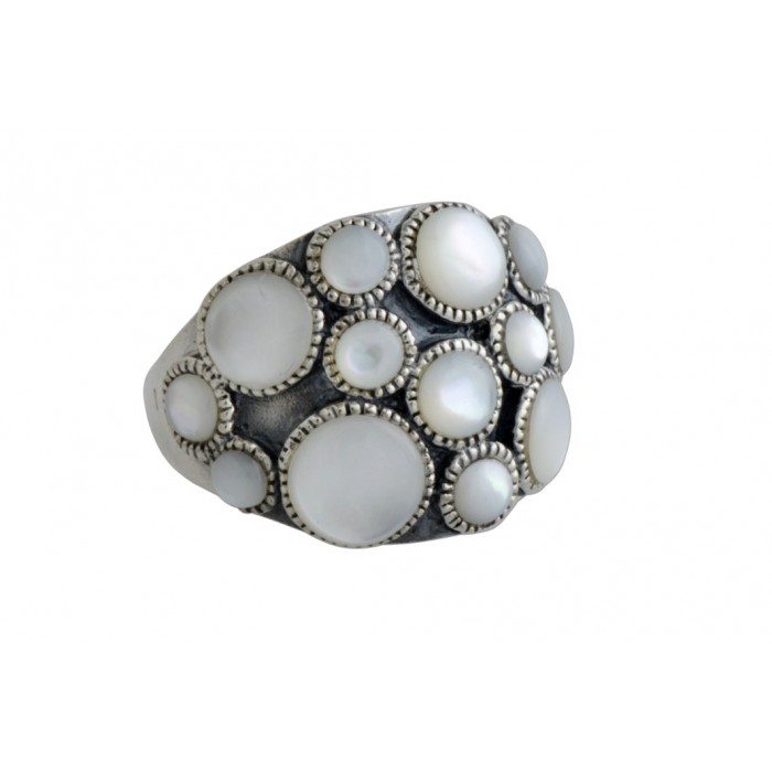 Bague argent pierre/ethnique nacre+résine époxy
