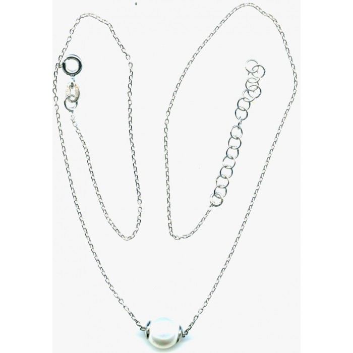 Chaîne argent/forçat rhodié + perle 8 mm