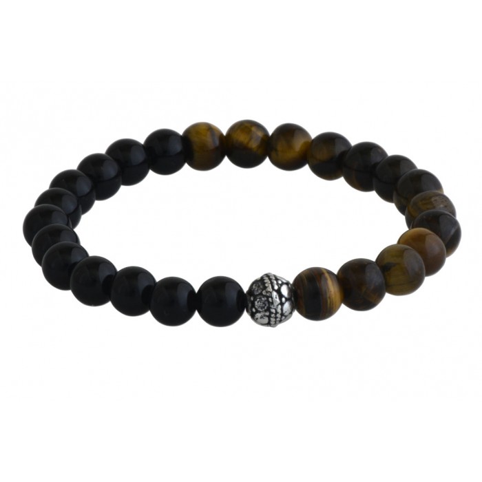 Bracelet argent élastique/black agate + tiger eye/6mm