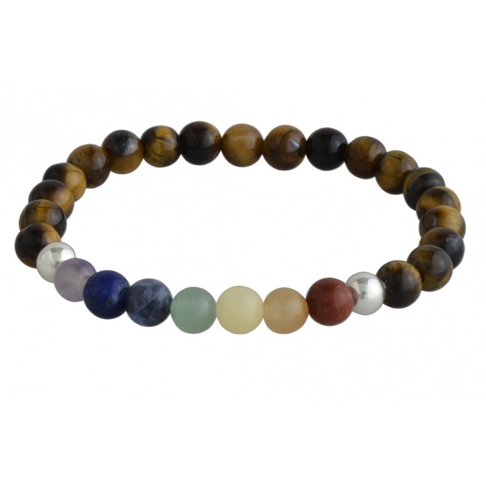 Bracelet argent pierre 7 chakras/oeil de tigre/6mm