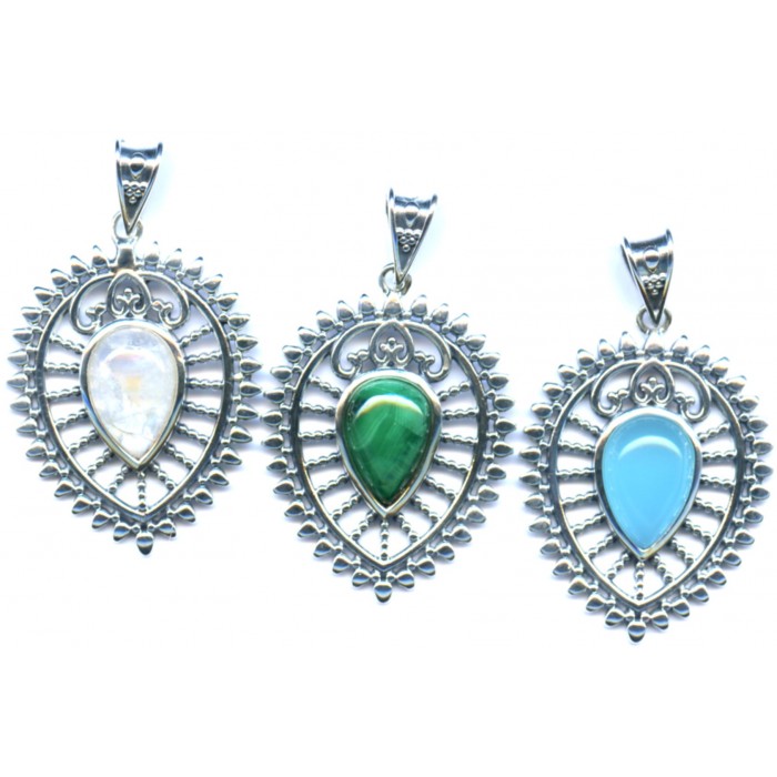 Pendentif argent pierre/goutte ethnique filigrane