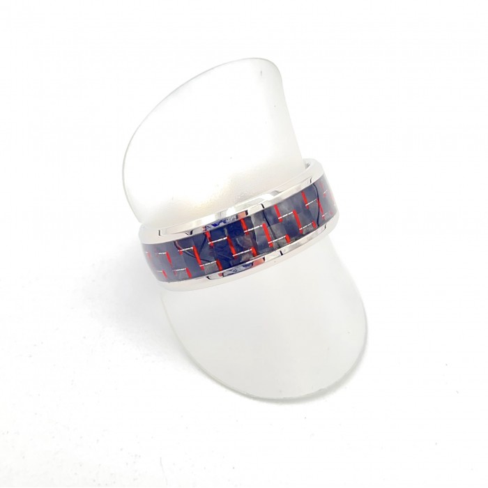 Bague acier effet carbone rouge resine