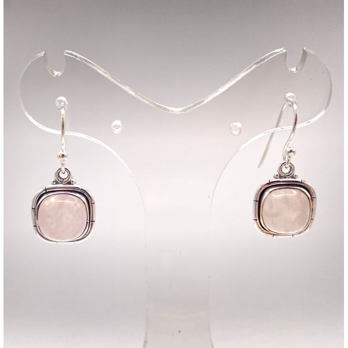 Boucle d'oreille argent pierre pendante carree / Quartz rose