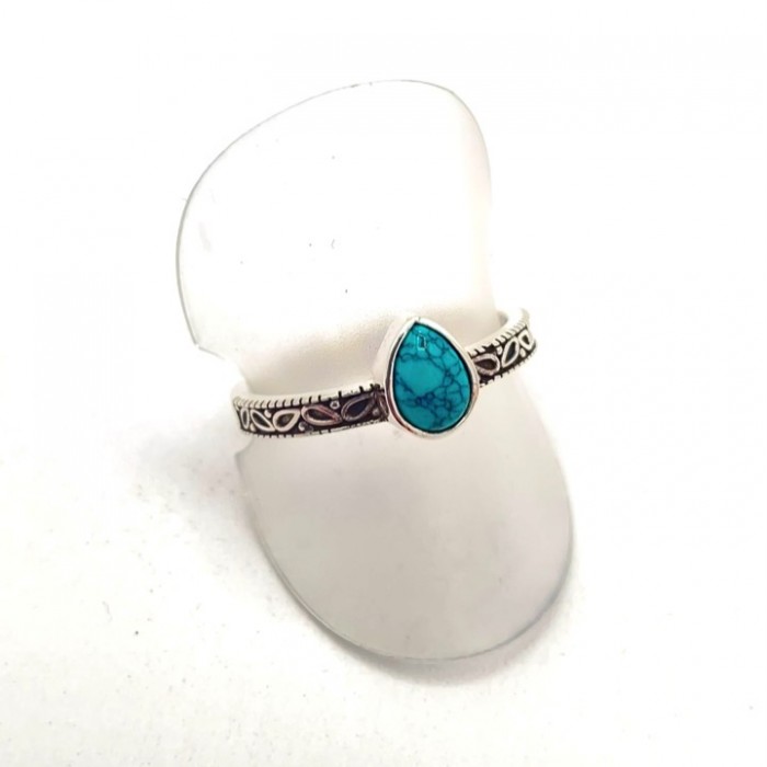 Bague argent pierre / gravure goutte Turquoise