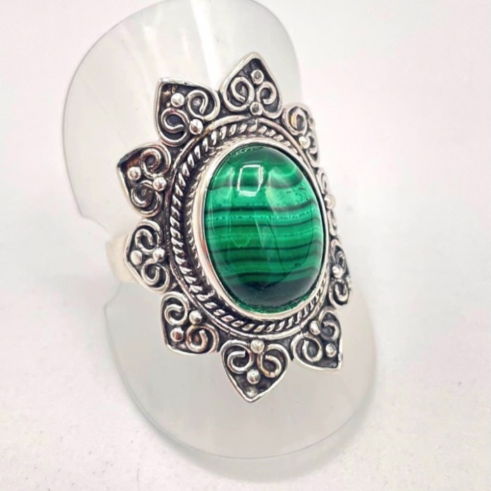 Bague argent pierre / petales coeur Malachite